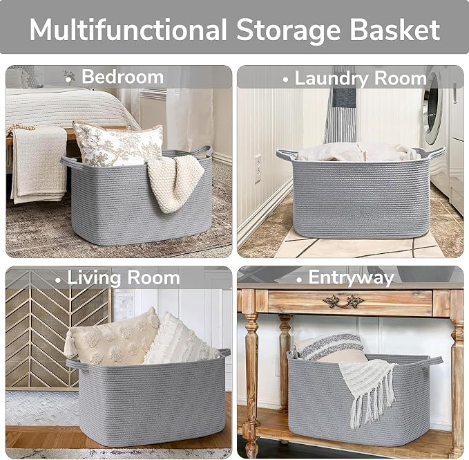 Goodpick Large Toy Basket for Blankets, Baby Laundry Basket, Storage Baskets for Organizing, Laundry Hamper for Dirty Clothes, Towel, Woven Rope Storage Baskets, 21.6" x 14.9" x 11.8", Gray