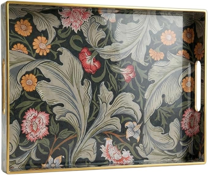 Vintage William Morris-Style Serving Tray with Handles - 15.7" x 11.8" Floral Pattern Decorative Platter for Coffee Table, Ottoman & Breakfast in Bed - Sturdy Plastic Rectangular Tray