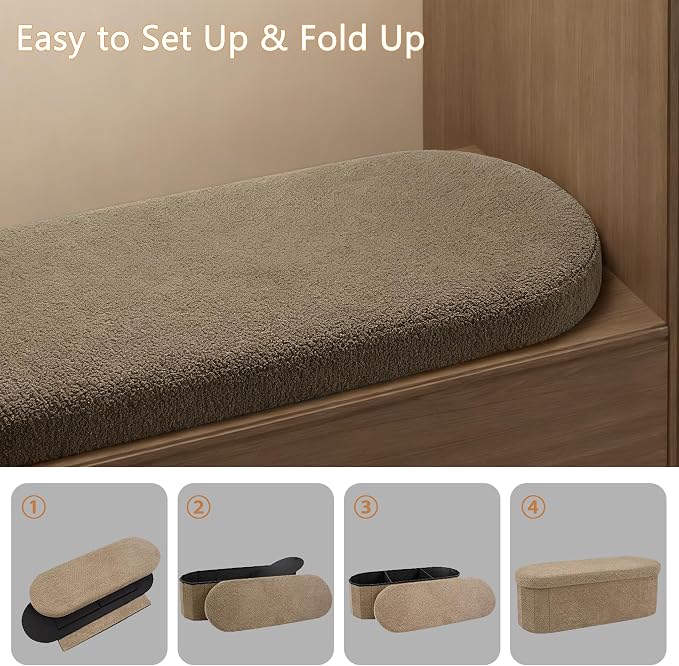 GLAXYFUR Oval Storage Ottoman Bench, Sherpa Foot Rest, 43 Inch Folding Chest for Living Room, Bedroom (Brown)