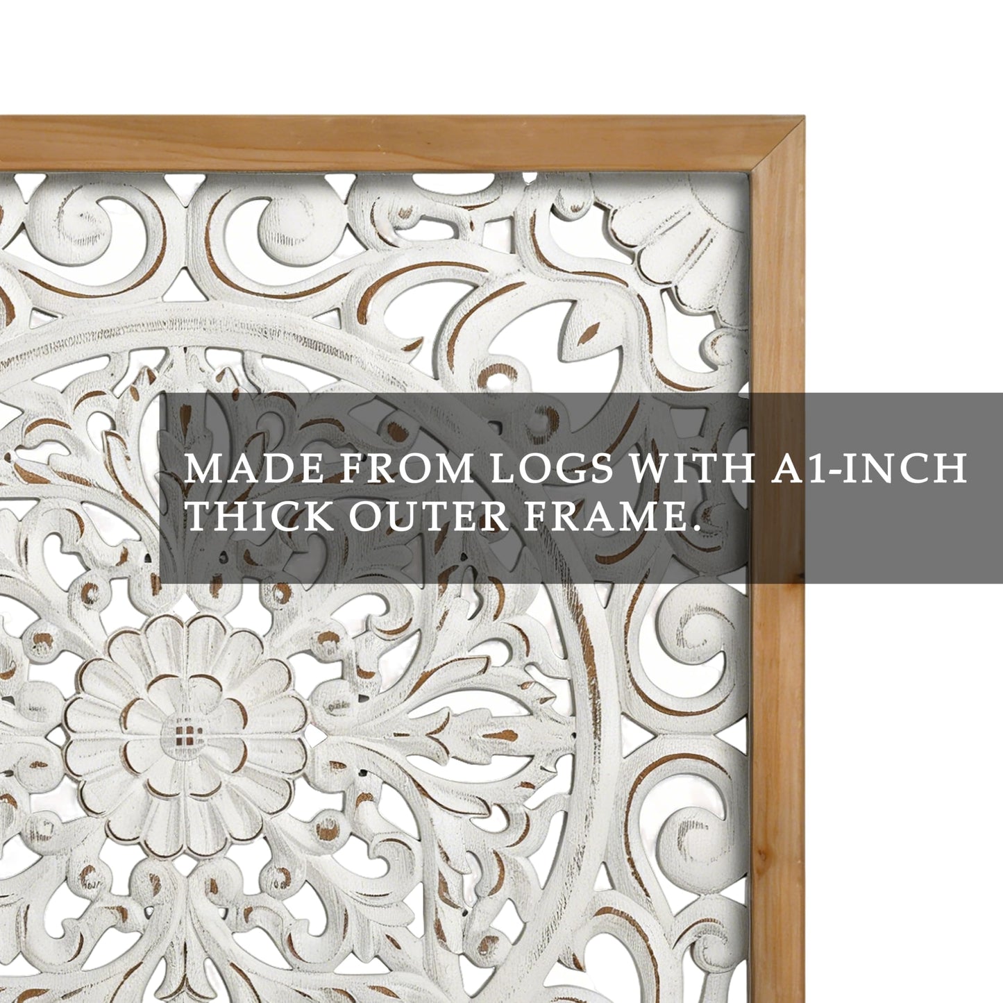 XIAOAIKA Boho Carved Wood Wall Sculpture, Intricate Floral Mandala Design with Distressed White Finish, Vintage Farmhouse Wall Art Panel with Solid Wood Frame for Bedroom Entryway (22.5" x 22.5")