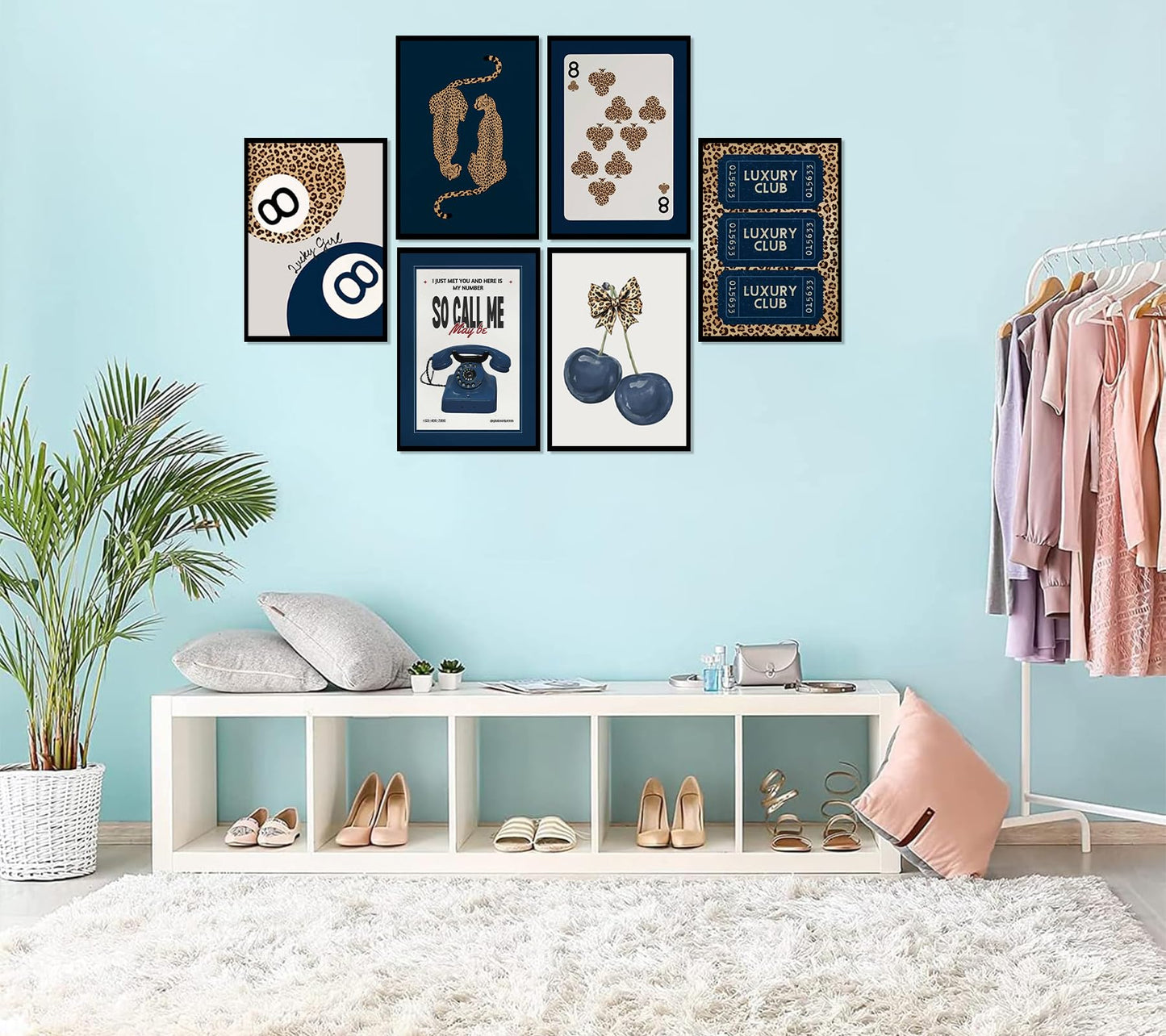 6Pcs Navy Blue Trendy Leopard Canvas Wall Art Fashion Lucky 8 Ball Painting pictures Preppy Y2K Aesthetics Wall Decor Trend Cheetah Prints Artwork for College Dorm Home Decoration 8x10in Unframed