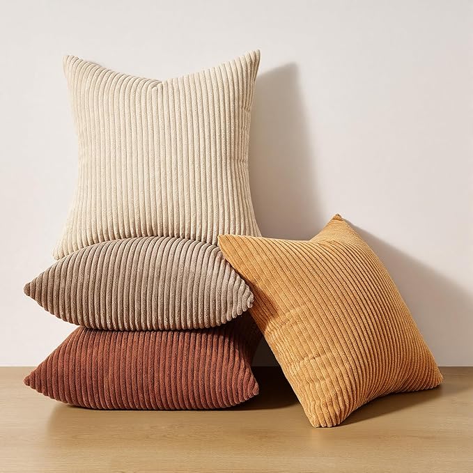 Topfinel Boho Throw Pillow Covers 18x18 Inch Set of 4 Soft Farmhouse Corduroy Striped Decorative Cushion Cover Yellow Brown Gradient Rustic Pillow Case for Sofa Couch Living Room Bedroom