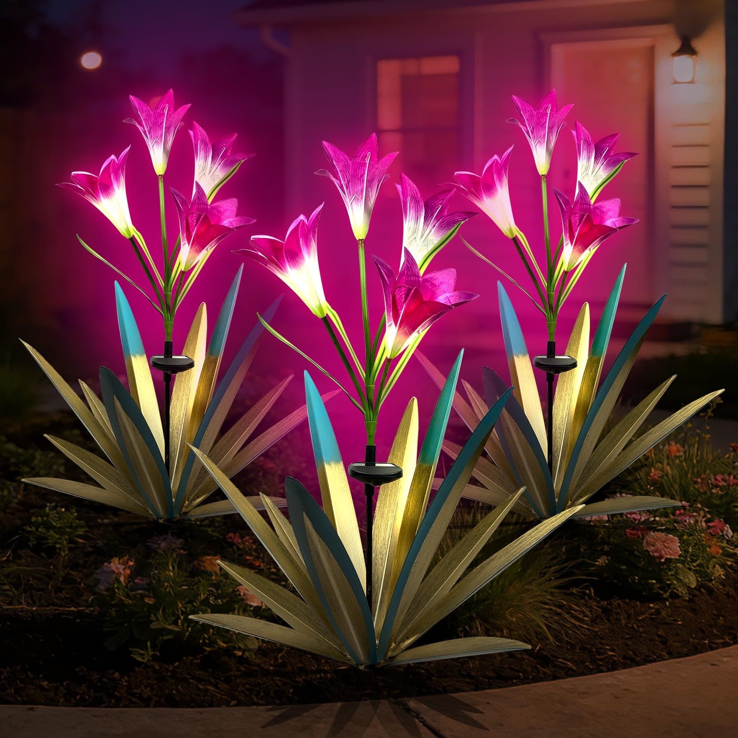 Homight Solar Metal Agave Lily Flower Garden Sculpture with LED Lights 30.3 Inch Waterproof Outdoor/Indoor Yard Decor Handmade Lawn Ornament Gift for Family Friends (3, Blue)