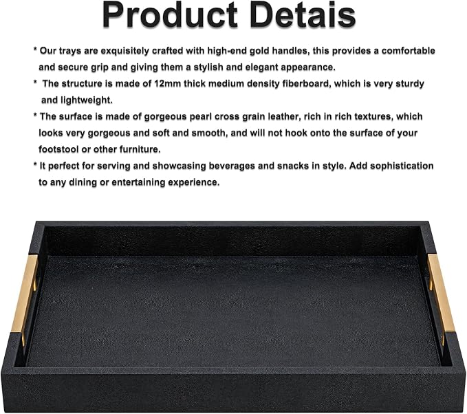 Black Faux Leather Large Square Tray with Handles – Decorative Serving for Coffee Table, Ottoman, Living Room & Bathroom