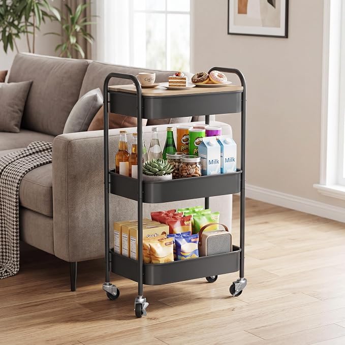 DTK 3 Tier Rolling Cart with Wheels, Heavy Duty Metal Utility Cart, Mobile Storage Organizer with Lockable Casters, Multi-Purpose Rolling Cart for Nursery, Bathroom, Kitchen, Office, Classroom