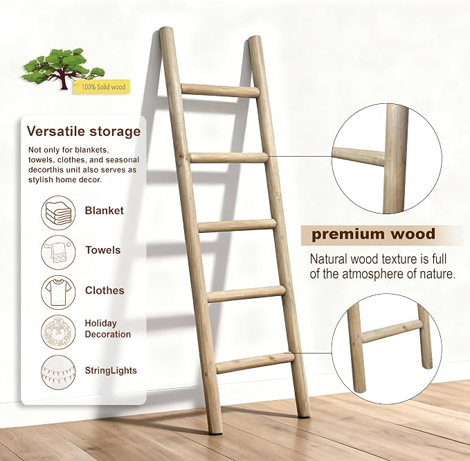 Wooden Blanket Ladder Natural & Motley Wood - Leaning Wall Decor for Bedroom, Bathroom, Living Room - Rustic Quilt Holder & Towel Rack (Natural Wood Color 57in, 57in | Fully Assembled)