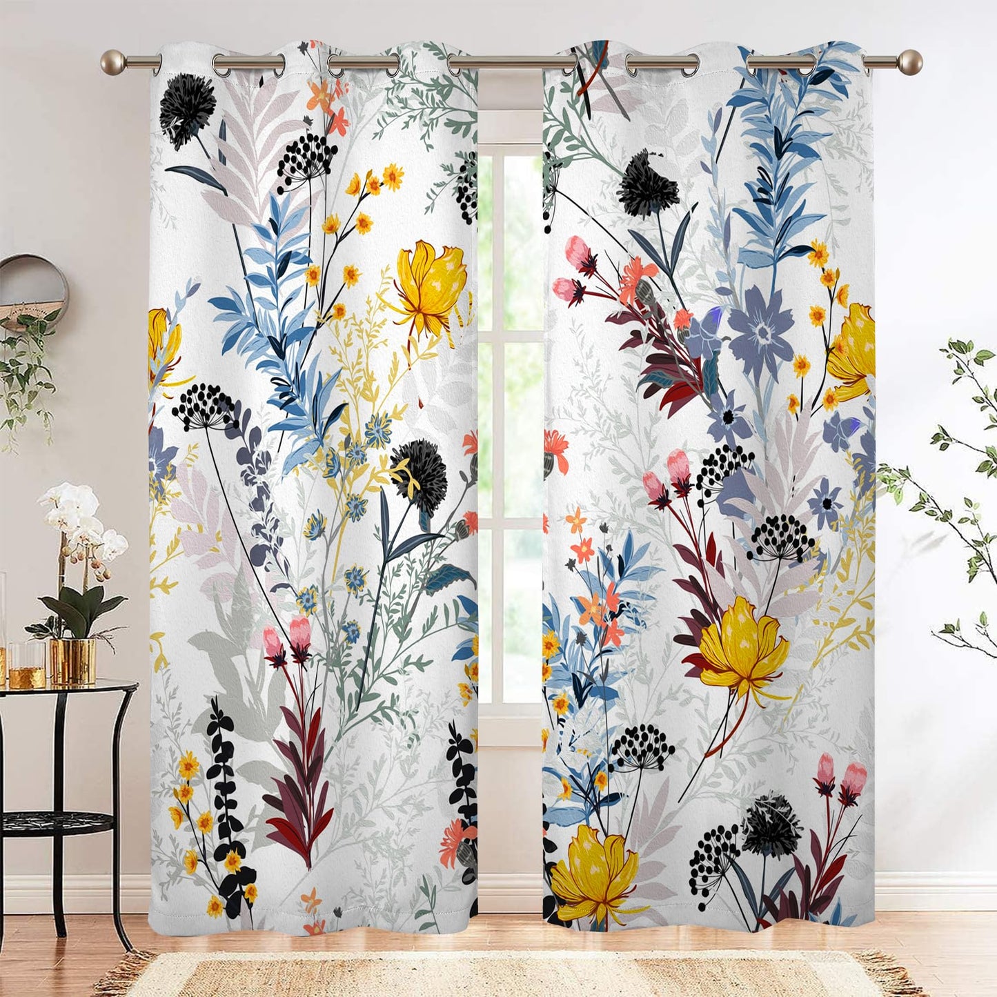 Renaiss Botanical Plants Blackout Curtains, Wild Flowers Plants Print Thermal Insulated Bedroom Window Curtains, Boho Floral Window Drapes for Living Room, 84" L x 42" W 2 Panel Set