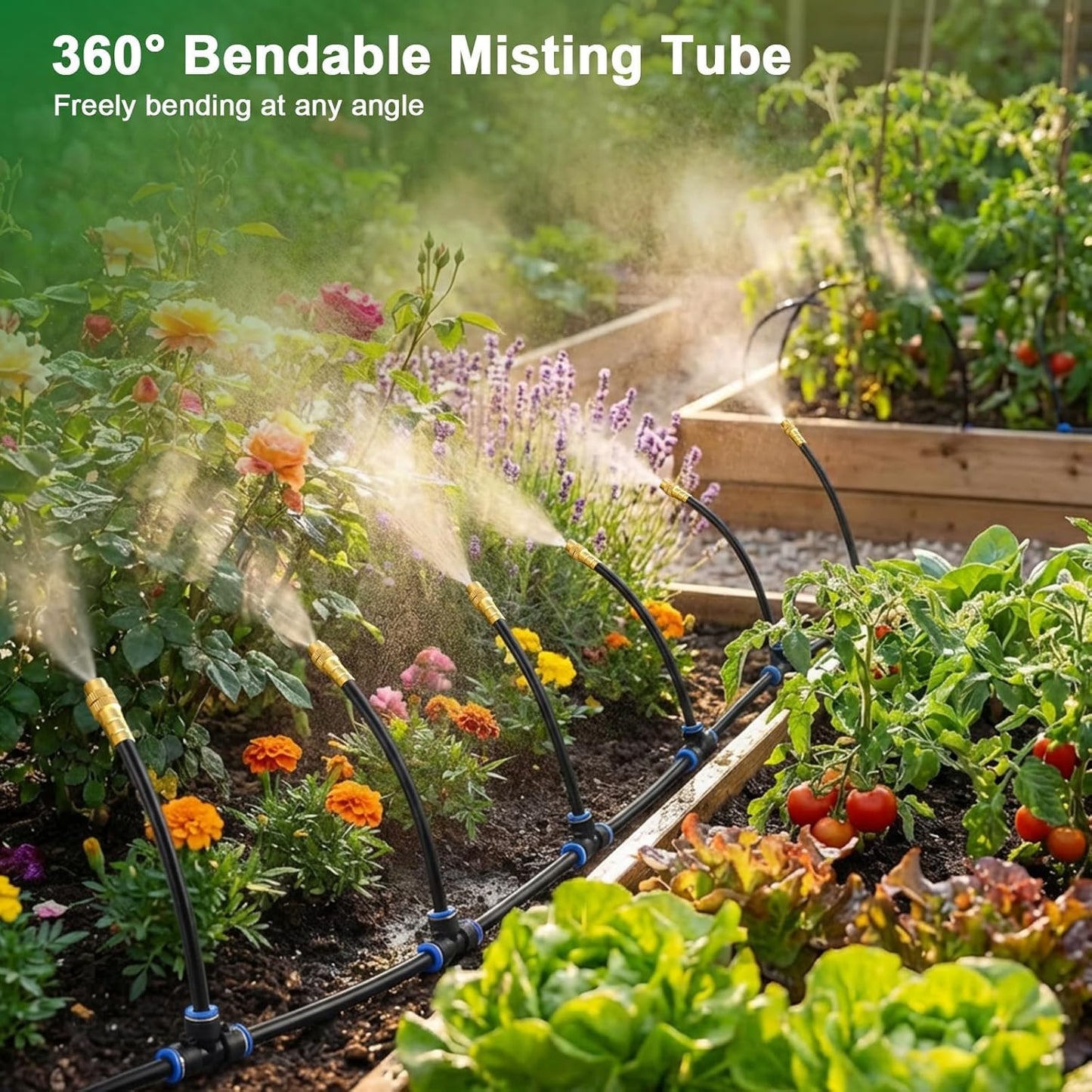 Drip Irrigation System with Brass Nozzles – 2026 Upgrade 100FT Garden Watering Kit with 20Pcs 360° Adjustable Misting Sprinklers Quick Connect Fittings for Raised Beds, Lawn, Patio
