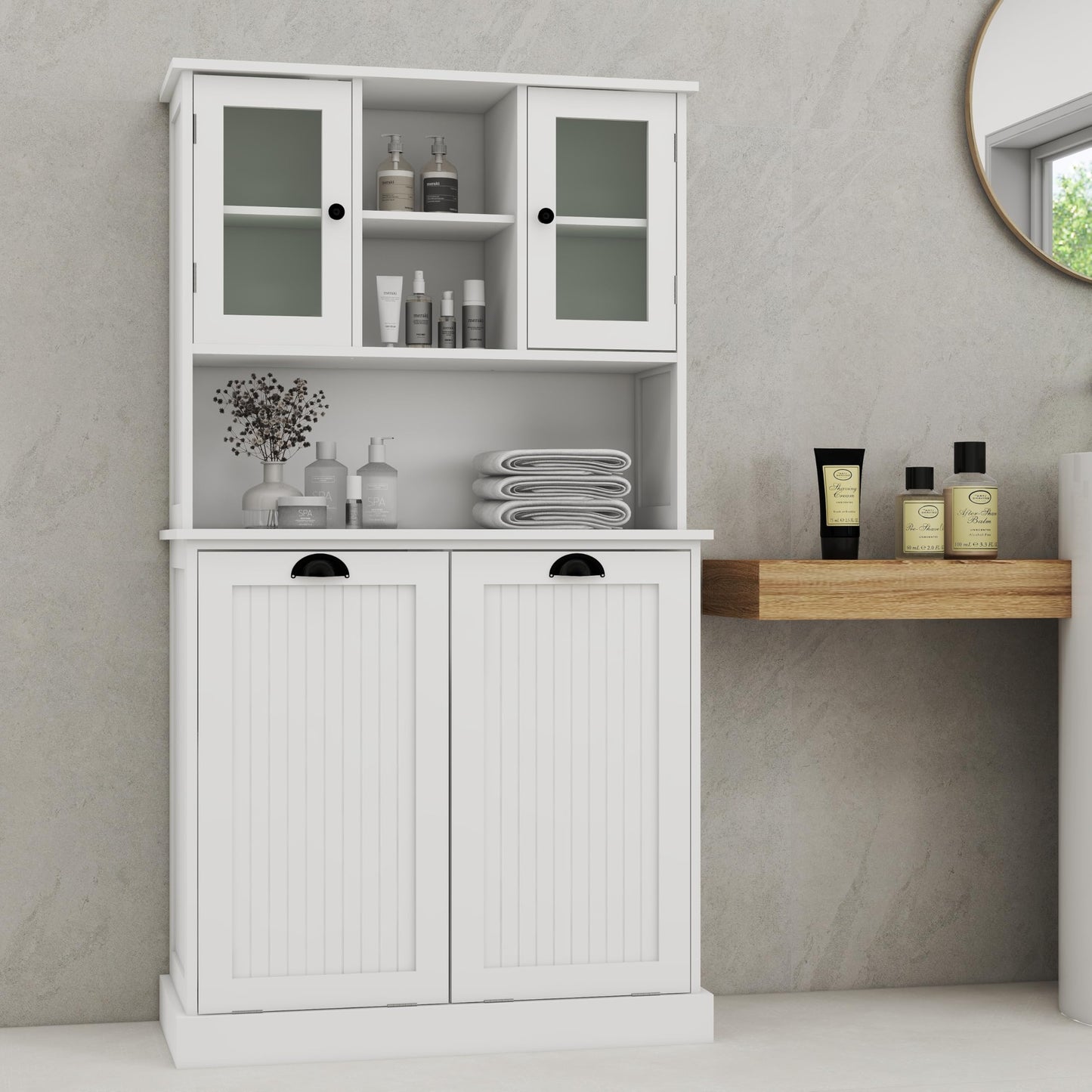 agnixnaf Two-Compartment Tilt-Out Dirty Laundry Basket Tall Bathroom Cabinet with 2 Adjustable Shelves-White