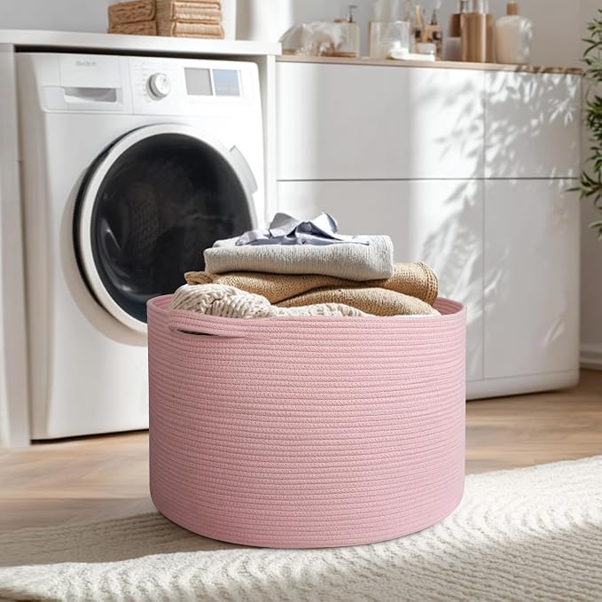 MEGASKET 115L Oversized Pink Basket, 23.6"x15.7" Woven Cotton Rope Bin with Handles, XXXL Blanket Storage for Living Room, Kids Toy Storage Bin Box, Baby Laundry Basket for Organizing, Pink Room Decor