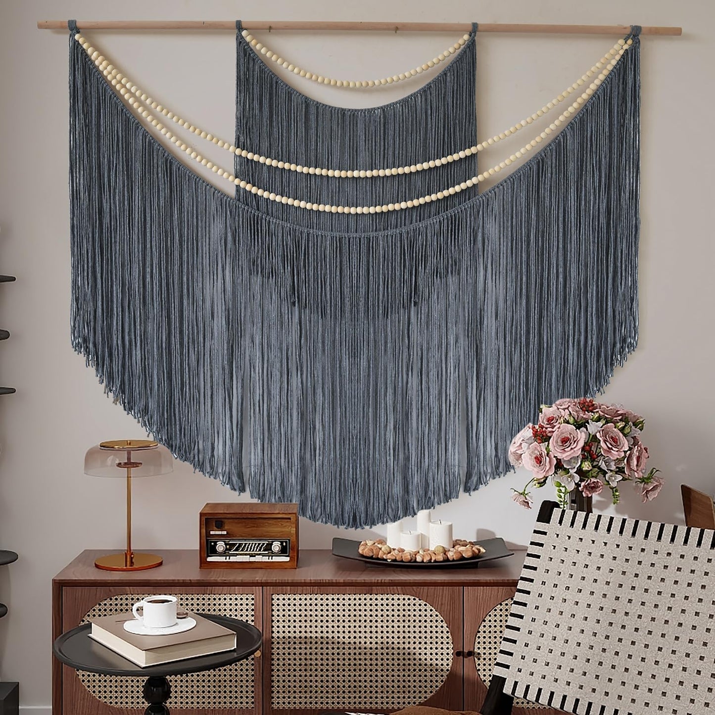Jakalin Macrame Wall Decir Large Grey Fiber Yarn Wall Art Handmade Craftsmanship Boho Wall Decor Home Room Wall Decor,57" W x 46" L