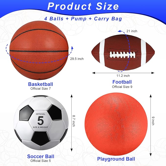 Lenwen 4 Pcs Sports Balls Set, Include Official Size Basketball Soccer Football Playground Ball Pump Equipment Bag for Teen Adult Gift Operation Christmas Ball Gifts