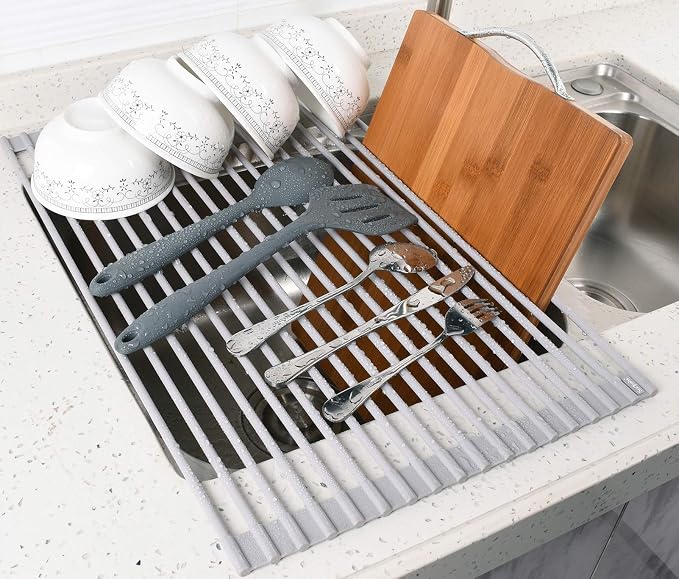 Surpahs 20.5 x 13.1 Inch Roll-Up Dish Drying Rack, Fits Across Sink Openings up to 19.5 Inches, Heavy-Duty Premium Silicone, Strong Support, Non-Slip, Heat-Resistant, Warm Gray