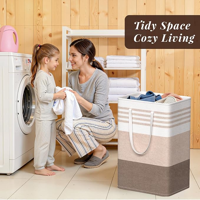 WOWBOX 2 Pack Laundry Baskets, Laundry Hampers, Freestanding Dirty Clothes Hampers with Reinforced Handles & Cross Stitch & Waterproof Coating, for Laundry Bedroom Bathroom Dorm,75L Khaki