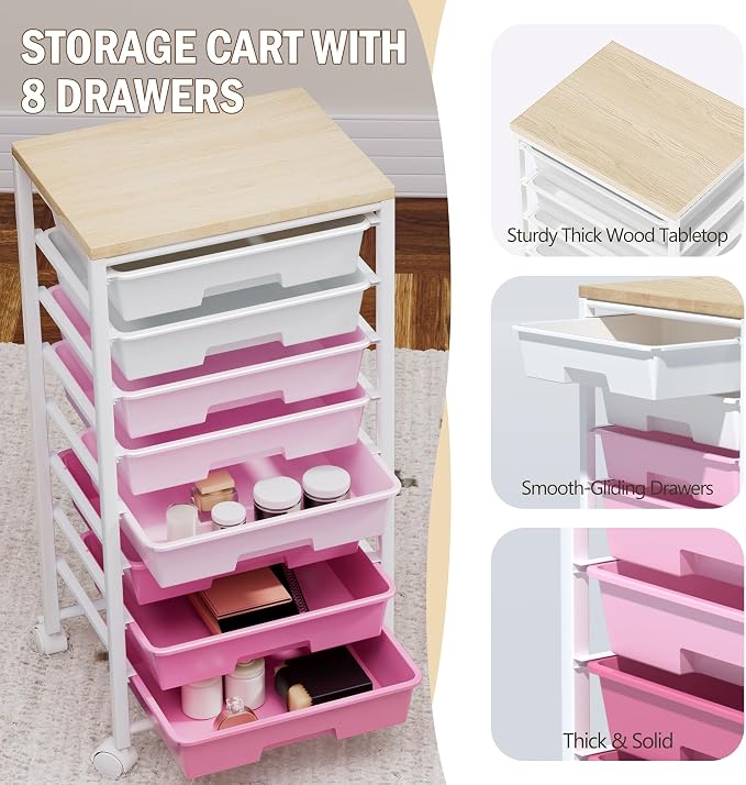 Rolling Cart with 8 Drawers, Storage Drawers Cart with Wooden Tabletop and Lockable Wheels, Craft Storage for Living Room, Office, Classroom, Craft Room, Bedroom