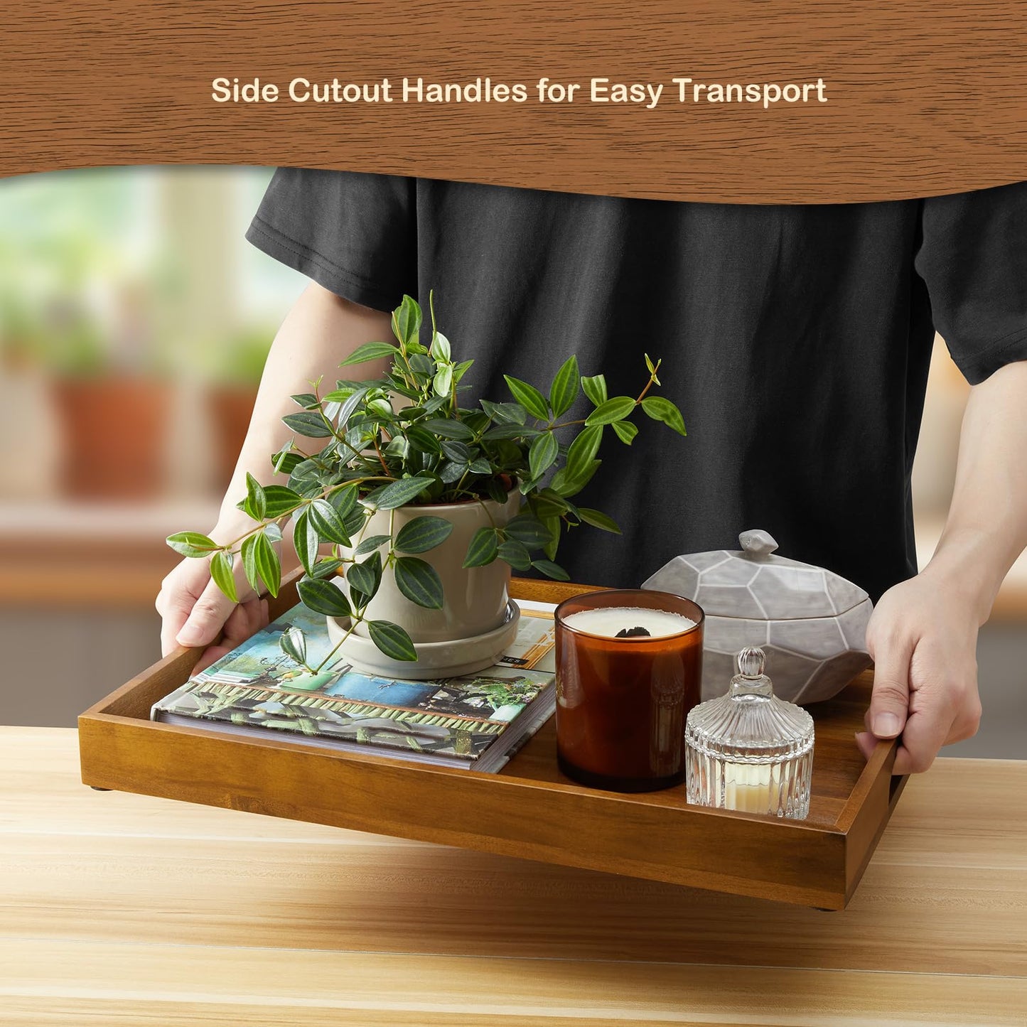 GCWSTJK 17 Inch Acacia Wood Serving Tray with Handles, Large Wooden Tray for Ottoman, Breakfast in Bed, Coffee Table, Dinner, Perfect for Living Room Bedroom Entryway and Kitchen