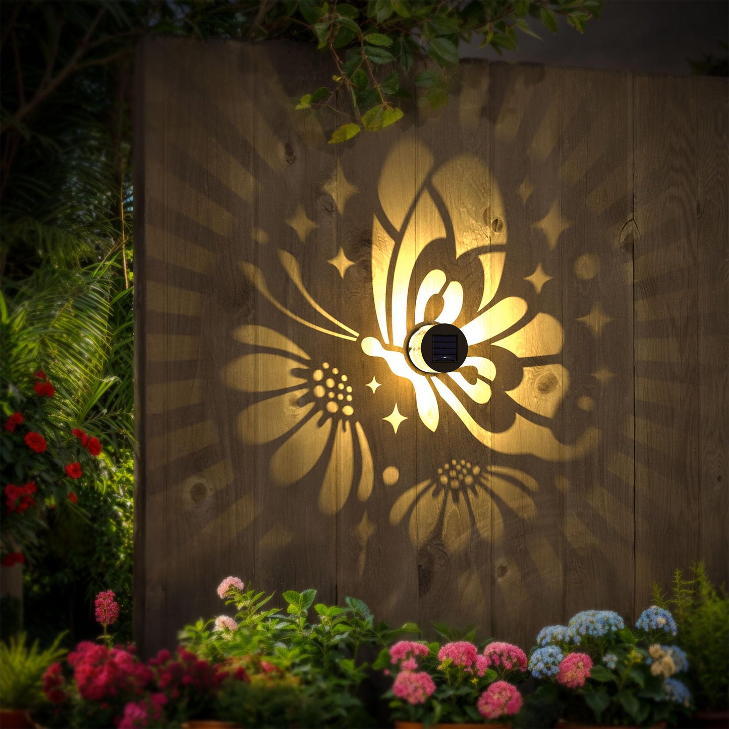 Hapjoy Solar Fence Lights 2 Pack Outdoor Deck Step Wall Lights Metal Waterproof LED Warm Yellow Light for Garden Post Patio Backyard Yard Decor (Butterfly-Flower, 2)