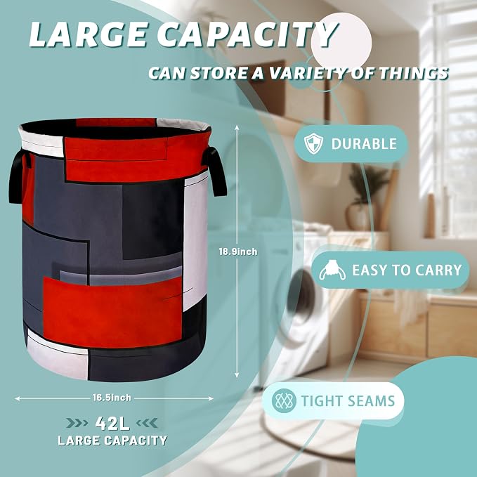 Red Grey Geometry Laundry Basket Foldable With Handles Universal Tote Bag Oxford Cloth Colorful Laundry Hamper Clothes Storage Bucket Toy Organizer 18.9"x16.5" For Bathroom/Laundry/Bedroom