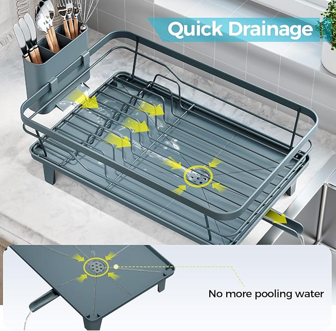 Urackify Dish Drying Rack for Kitchen Counter, Sink Dish Rack with Drainboard, Large Dish Drainer with Cups Holder, Home Countertop Plate Dryer Storage Rack with Cutlery Holder, Blue