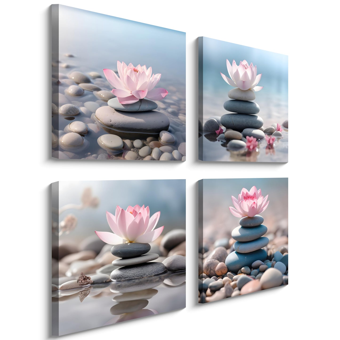 NAN Wind 4PCS Mordern Zen High-Definition Canvas Print Pink Lotus Stacked Zen Stones Spa Wall Art Easy-to-Hang Wall Art for Serene Home Deco Meditation Rooms Yoga Studios and Zen Enthusiasts