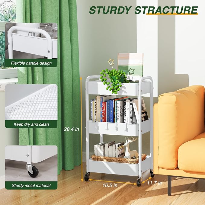 LEHOM 3 Tier Rolling Cart, Metal Rolling Utility Cart with Lockable Wheels & Hooks, Multi-Functional Heavy Duty Storage Cart Organizer for Bathroom, Kitchen, Office, Living Room
