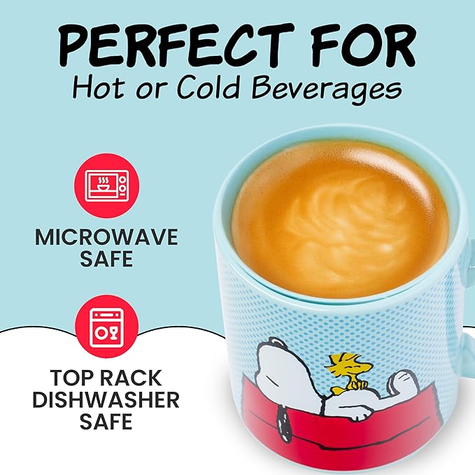 Silver Buffalo Peanuts Snoopy and Woodstock on House Blue Dot Background Ceramic Coffee Mug, 20 Ounces