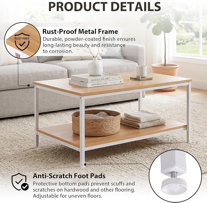 SUPER DEAL 2-Tier Industrial Coffee Table with Storage Shelf for Small Apartment Living Room, Rectangle Wood and Stable Metal TV Stand Side End Table, Natural Wood