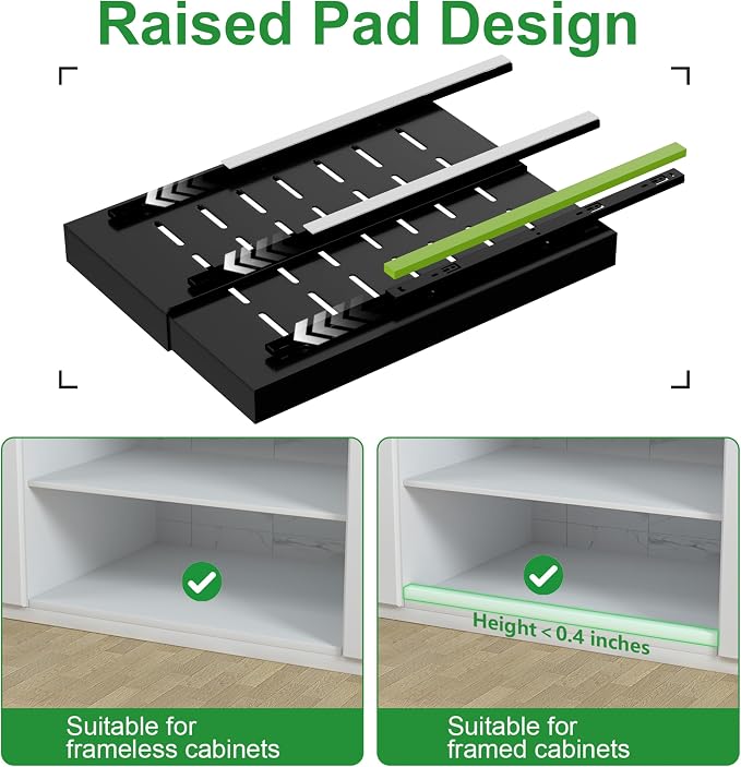 PAKETA 4 Pack Expandable Pull Out Cabinet Organizer, 21'' Deep Pull Out Drawers for Cabinet, Upgrade 3 Slide Rails Sliding Drawers for Cabinets with Adhesive Nano Film (Black, 21"D X 9-14"W)