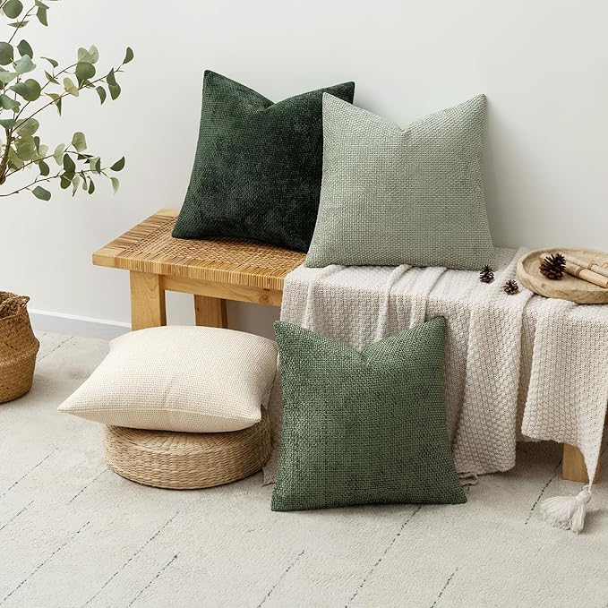 MIULEE Pack of 4 Couch Throw Pillow Covers 16x16 Inch Neutral Green Soft Decorative Chenille Pillow Covers Farmhouse Accent Cushion Covers for Boho Spring Home Decor Sofa Bedroom Living Room