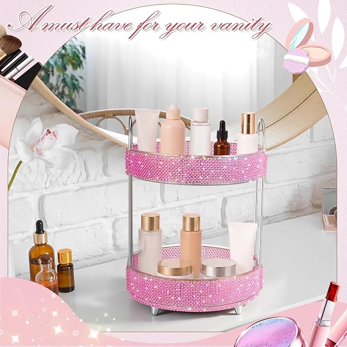 Honeydak 360 Rotating Perfume Organizer Gift for Women, Rhinestone Preppy Skincare Organizer Bathroom Counter Makeup Holder Skincare and Perfume Storage for Cosmetic(2 Tiers,Pearl,Pink)