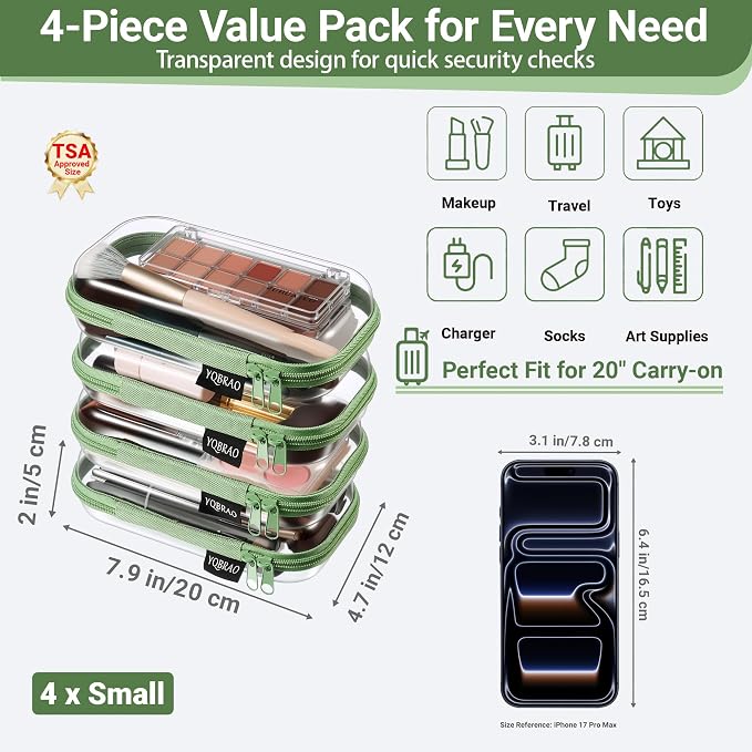 YQBRAO 4-Pack Clear Hard Shell Zipper Case, 1.2mm Ultra-Thick Diaper Bag Organizer Pouches, Rigid Self-Standing Travel Makeup Bags with YKK Zippers, TSA Approved, Green
