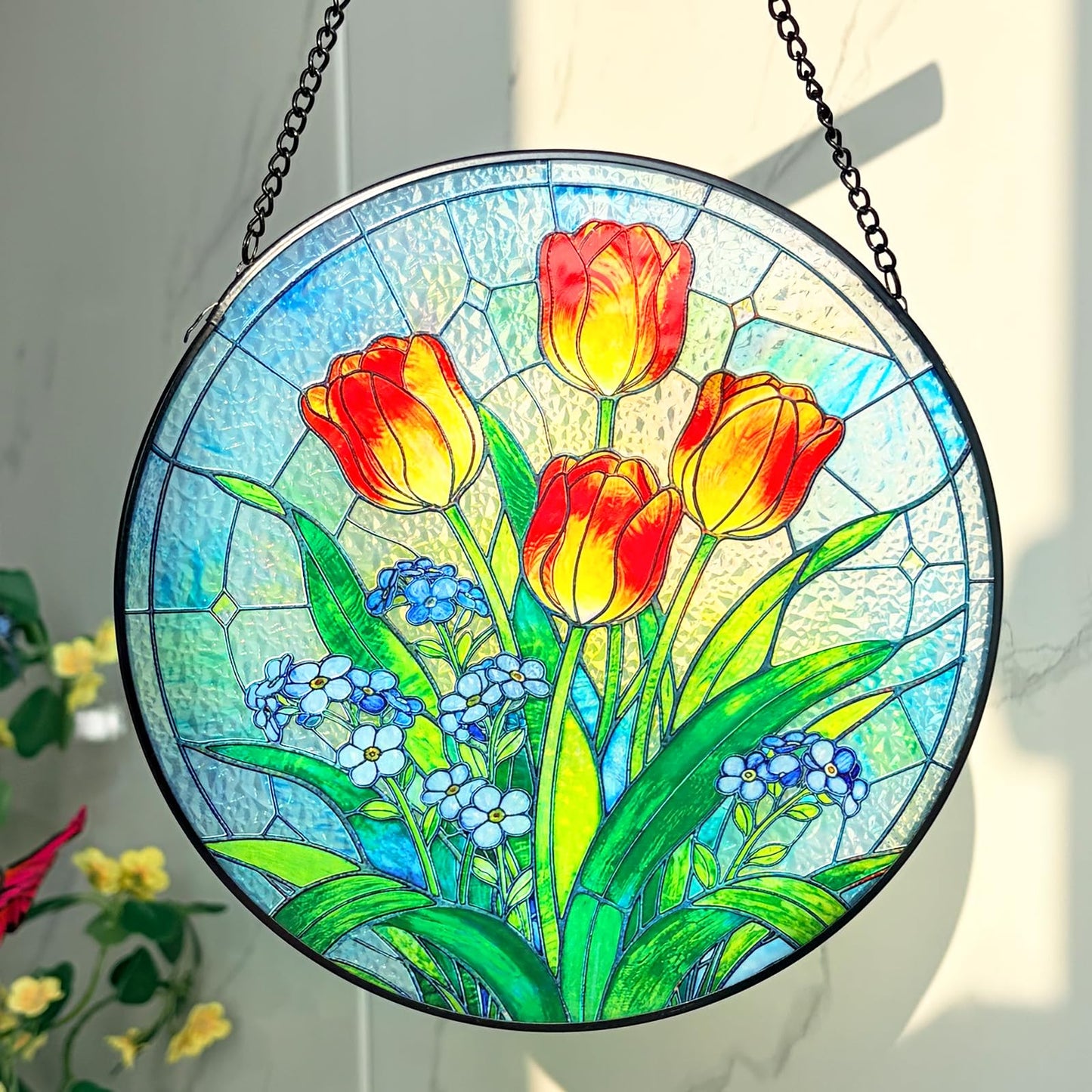 Katinyos 8 Inch Stained Glass Window Hanging, Sun Catcher with Metal Chain and Hooks, Decorative Stained Glass Panel for Garden & Patio (Tulip)