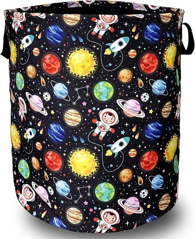 Funny Astronaut Laundry Basket Foldable With Handles Galaxy Tote Bag Oxford Cloth Colorful Planet Laundry Hamper Clothe Storage Bucket Toy Organizer 18.9"x16.5"For Bathroom/Laundry/Bedroom