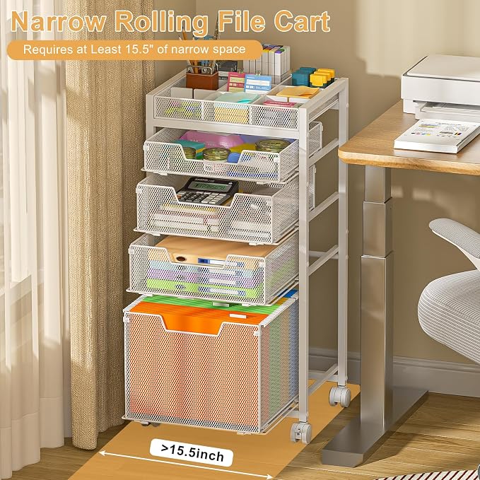 Rolling File Cart with 4 Storage Drawers, Under Desk Filing Cabinet with DIY Divider, Hanging File Folder Organizer on Wheels, Fits A4/Letter Size, Metal Utility Cart for Home Office, White