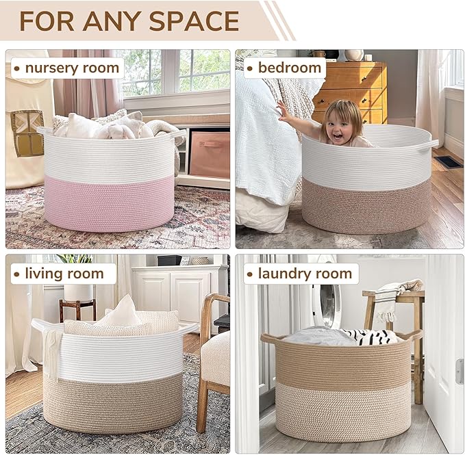 INDRESSME 115L Extra Large Blanket Basket, Soft Cotton Rope Storage Baskets for Organizing Living Room Décor Toy Storage for Kids,Decorative Woven Basket for Laundry & Towels, Light Brown