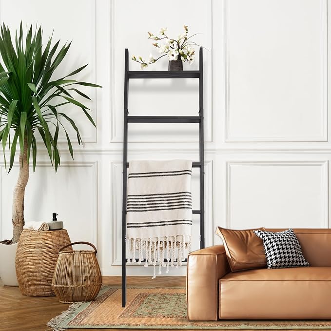 5-Tier Blanket Ladder – 4.8 Ft Wall Leaning Quilt Rack, Farmhouse Blanket Storage for Living Room, Bedroom & Bathroom – Rustic Decorative Wooden Towel & Quilt Holder, Easy to Assemble