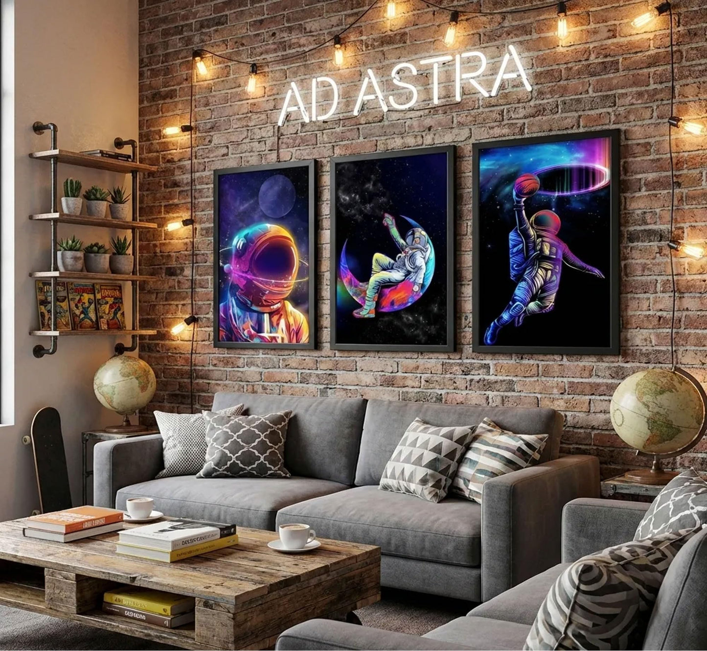 Framed 3pcs Astronaut Canvas Wall Art Dreamy Outer Space Galaxy Pictures Wall Decor Sci Fi Artwork Modern Universe Posters Prints Painting for Boys Bedroom Living Room Home Decoration