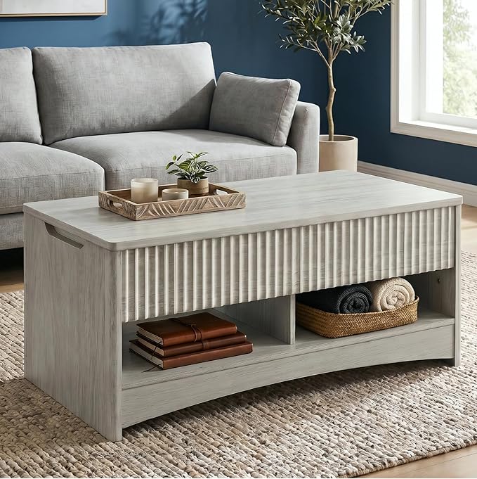 Marsail Lift-Top Coffee Table, Fluted Center Table with Hidden Compartments, Smooth Lifting & Space-Saving Design, Versatile Wood Coffee Table for Living Room and Office, Grey