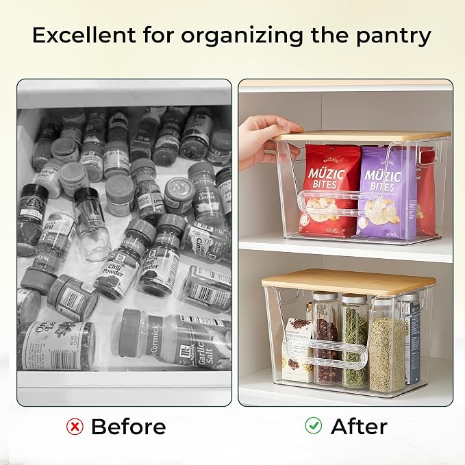 2 Set Pantry organizers and Storage,Trash Bag Holder Under sink Organizer for 4-13 Gal Bags,Trash Bag Dispenser with Bamboo Lids and Stackable Clear Bins for Potato, Onion, Garlic, Fruit, Vegetables