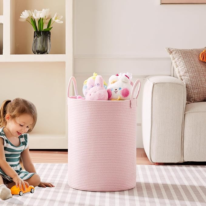 Large Pink Laundry Basket 15x20 Inches, 60L Woven Rope Hamper for Baby Girls and Kids, Tall Nursery Storage Bin, Kawaii Bedroom Laundry Hamper
