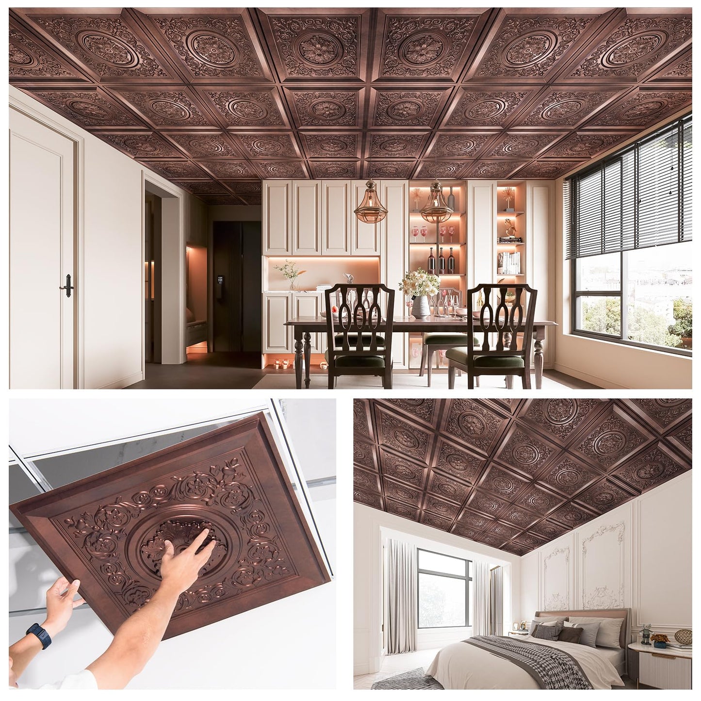 WOWSTAR 12-Pack 24"x24" 3D Drop Ceiling Tiles, Waterproof Glue up Ceiling Panels, Antique Copper