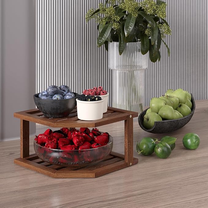 VERTORGAN Bamboo Corner Shelf,2 Tier Plate Organizer for Cabinet and Countertop,Pantry Dish and Spice Rack for Kitchen（Brown）
