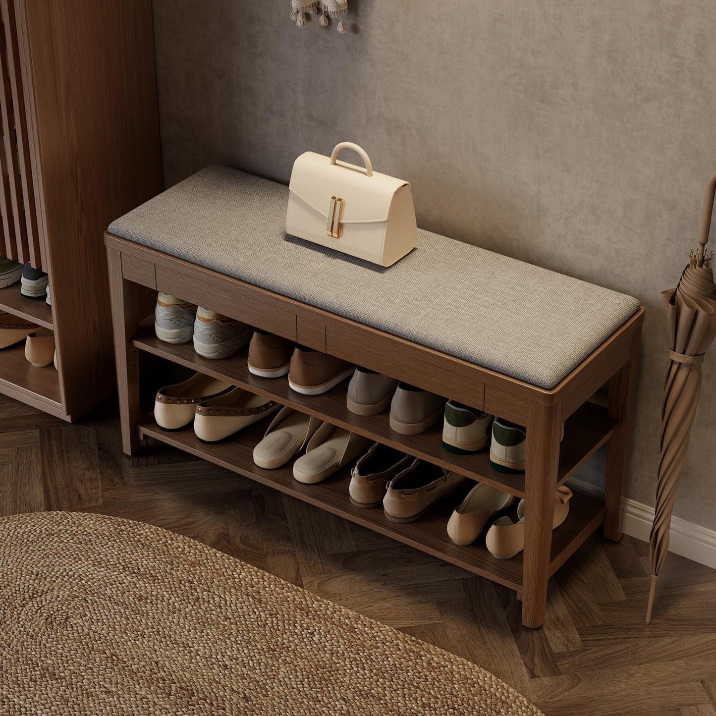 YQJJGL Shoe Bench with Storage, Wooden Shoe Storage Bench with Cushion&Hidden Drawer, 2-Tier Shoe Rack Bench for Entryway, Mudroom, Hallway