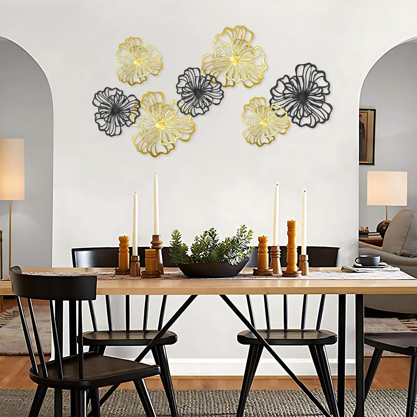 7 Piece Metal Wall Decor for Living Room, Boho Double Layered Iron Flower Wall Hanging Art, Aesthetic Indoor Metal Wall Sculpture Decor for Bedroom Kitchen Bathroom Farmhouse Home Office, Gold-Black