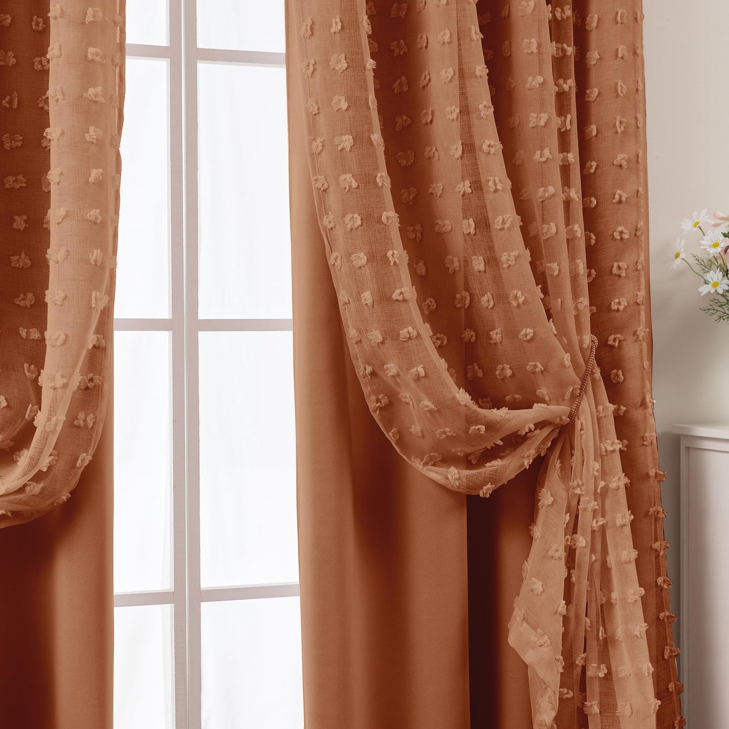 Boho Blackout Curtains for Bedroom 84 Inch Length 2 Panels Set,Vintage Farmhouse Terracotta Rust Pom Pom Textured Patterned Double Layer Sheer Overlay Bohemian Western Curtain Drapes for Living Room
