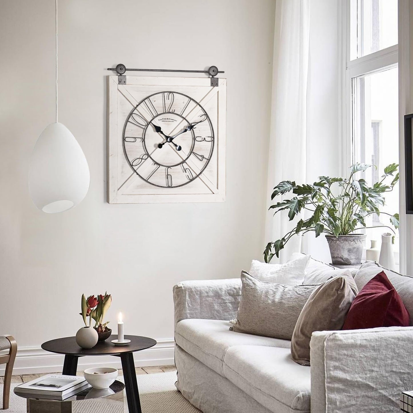Oakrain Rustic Large Wall Clock, Classic Vintage Hanging Clock, Silent Non-Ticking Square Wall Clock for Living Room Bedroom Office, Numeral, Distressed White, 27''x29''
