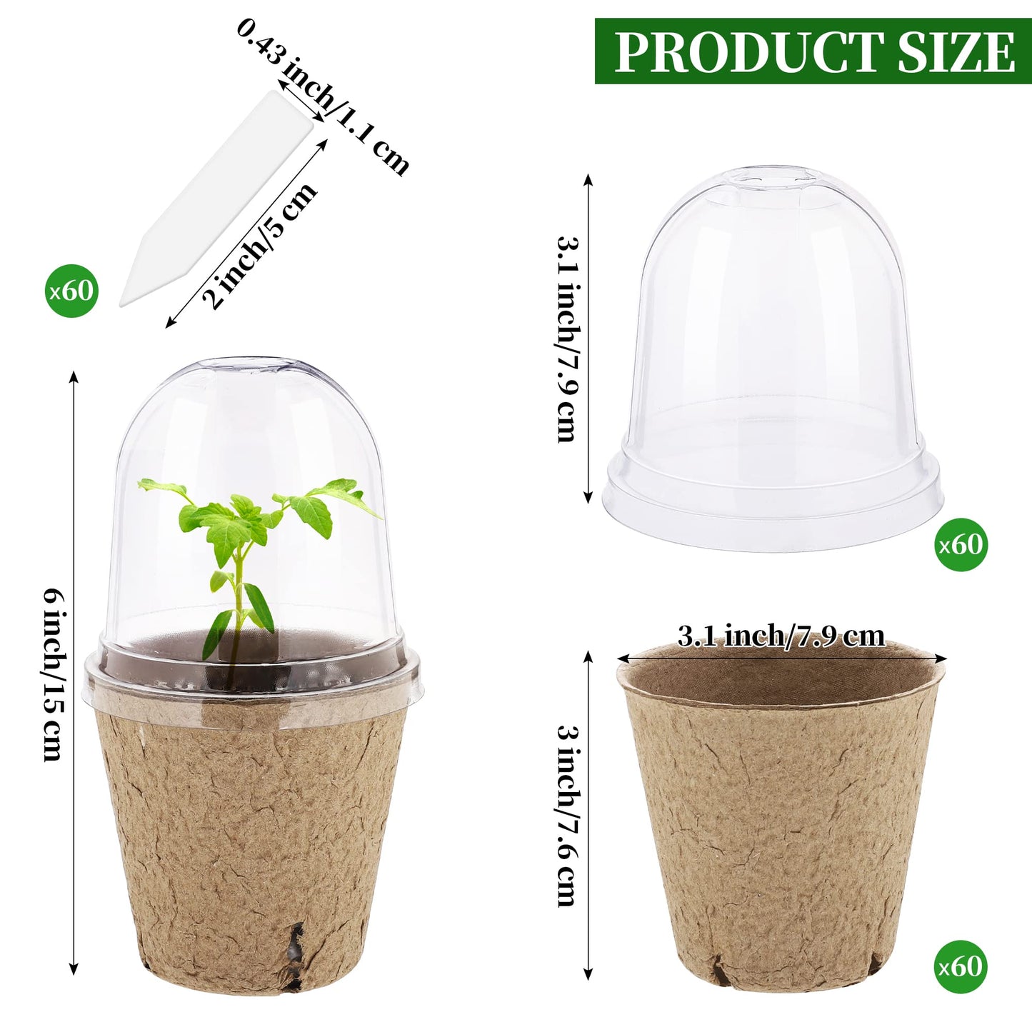 Hahood 60 Set Plant Seeding Pots with Humidity Dome, 3 Inch Brown Biodegradable Seed Starter Pots, Plant Nursery Pots with Plant Labels for Seedlings, Garden Vegetable Germination