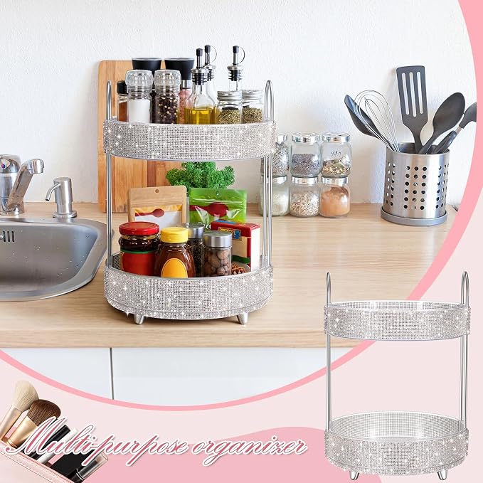 Honeydak 360 Rotating Perfume Organizer Gift for Women, Rhinestone Preppy Skincare Organizer Bathroom Counter Makeup Holder Skincare and Perfume Storage for Cosmetic(2 Tiers,Rhinestone,White)
