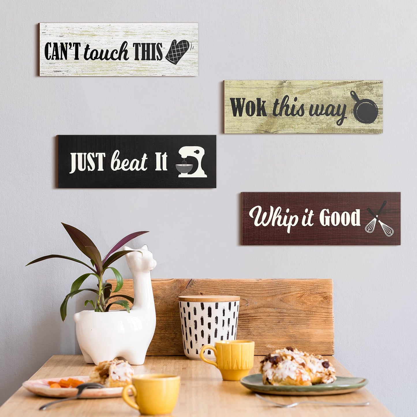 Jetec 4 Pieces Rustic Kitchen Wood Sign Decorations Kitchen Wall Signs Decor Above Cabinet Baking Prints Signs Family Farmhouse Hanging Wooden decoration for Home, 11.8 x 3.9 Inch(Classic Style)