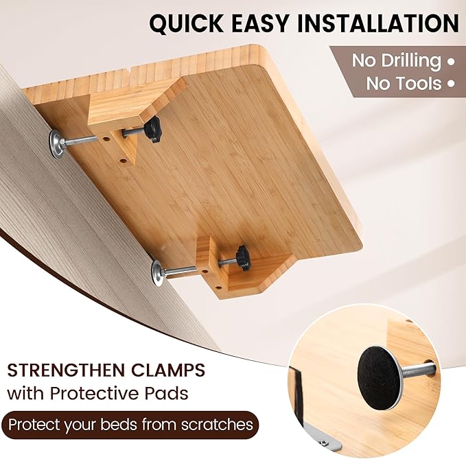 Bedside Shelf for Dorm Bed & Top Bunk, Bamboo Bed Side Table Tray with Cup Phone Holder & Hooks, Bedside Caddy, Clip on Nightstand Bedside Storage College Dorm Room Essentials (Bamboo)